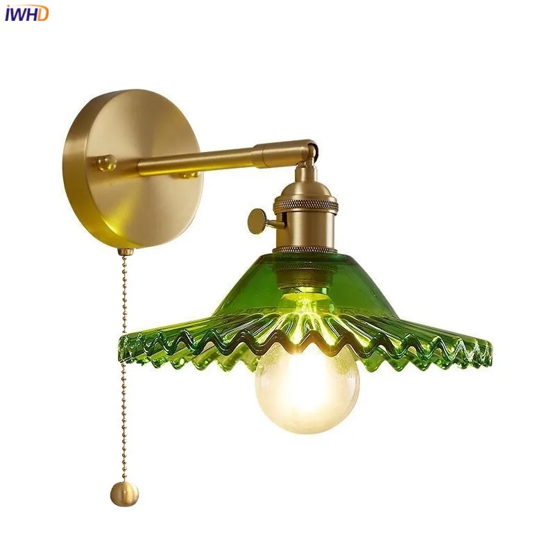 

IWHD Green Glass LED Wall Light Fixtures Pull Chain Switch Copper Bedroom Bathroom Mirror Stair Nordic Modern Wandlamp Sconce