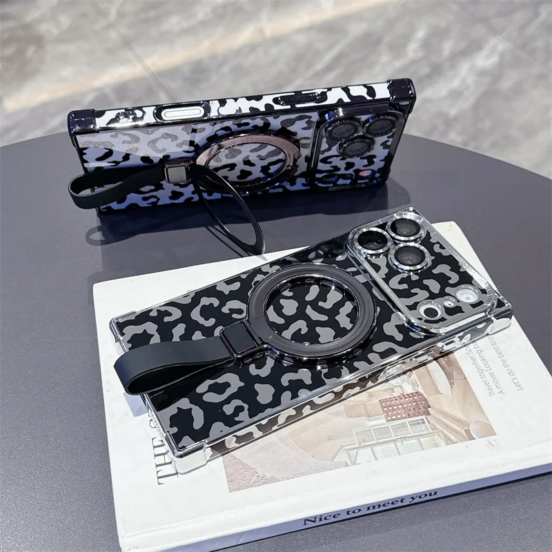 Leopard Print Magnetic Wireless Charging Stand Holder Case