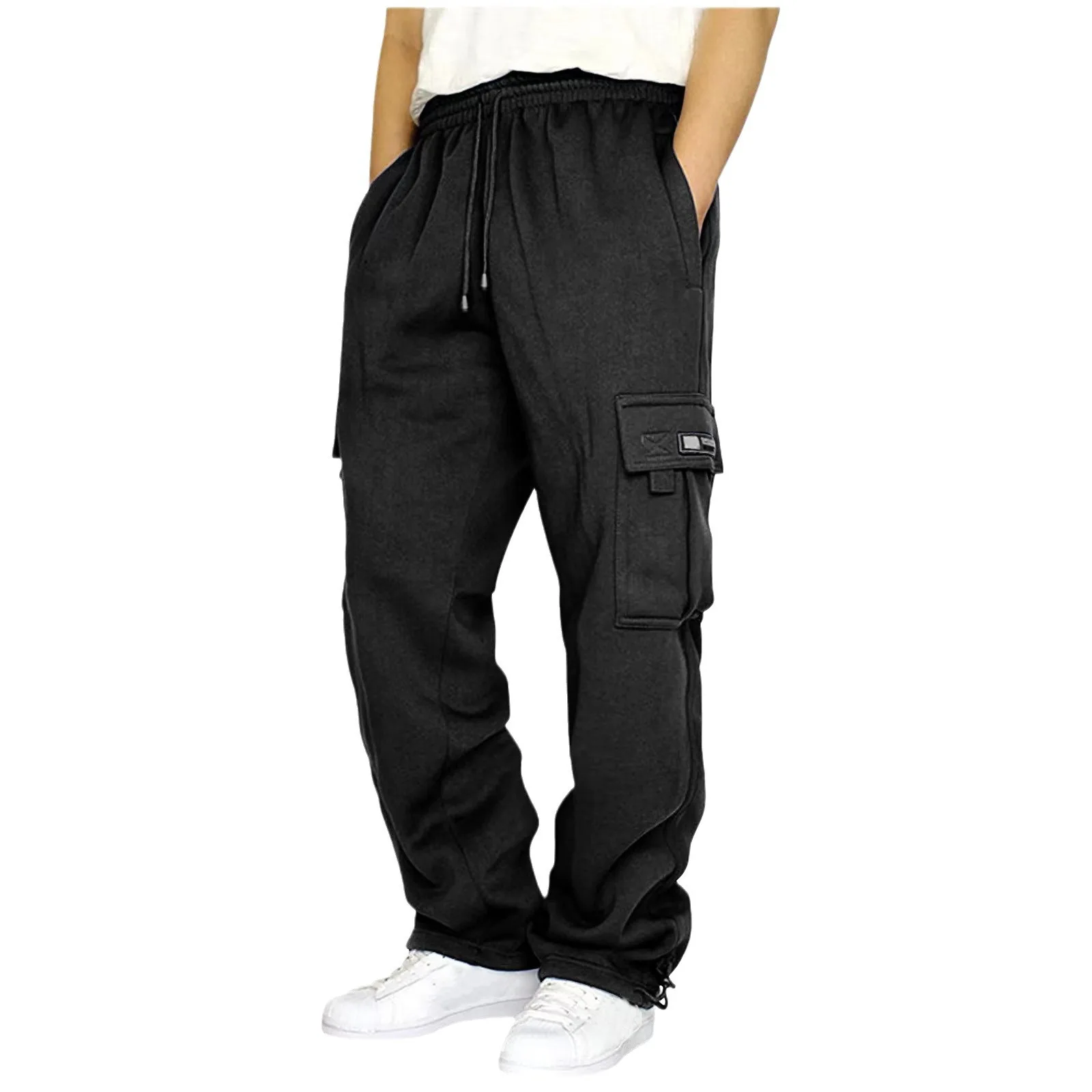 Autumn And Winter Fleece-lined Sports Casual Trousers Men's Leg-tied Multi-pocket Tether Loose Tooling Trousers