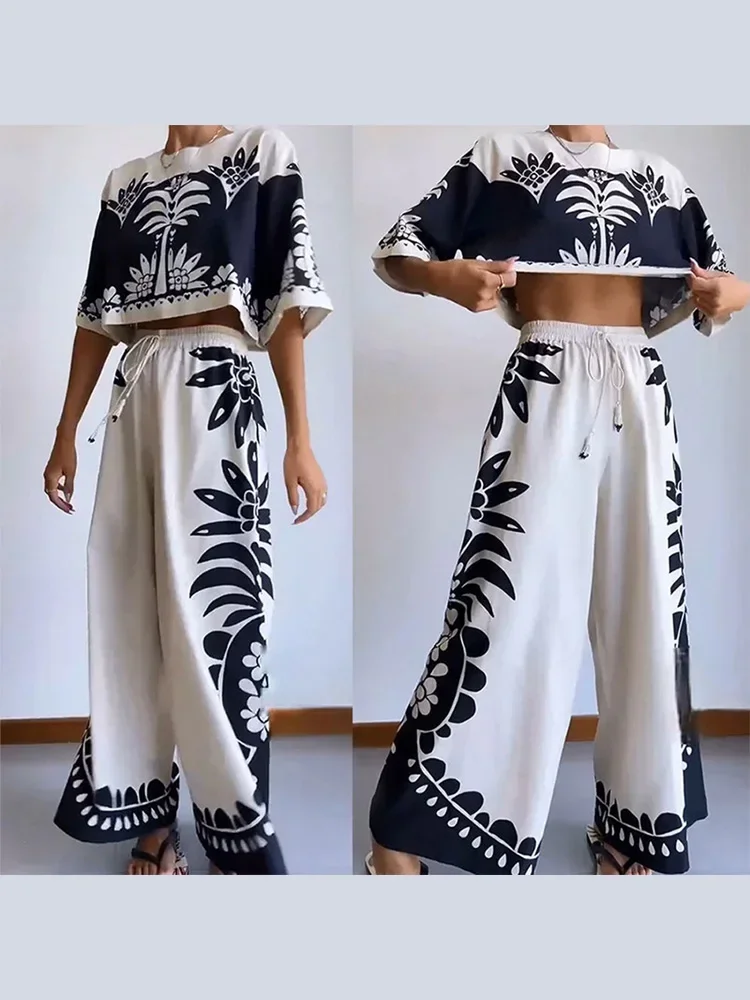 Vintage Printed Woman Tank Top & Trousers Suit O Neck Half Sleeved Loose T-shirt Pants 2pcs Set Elastic Waist Chic Vacation Wear