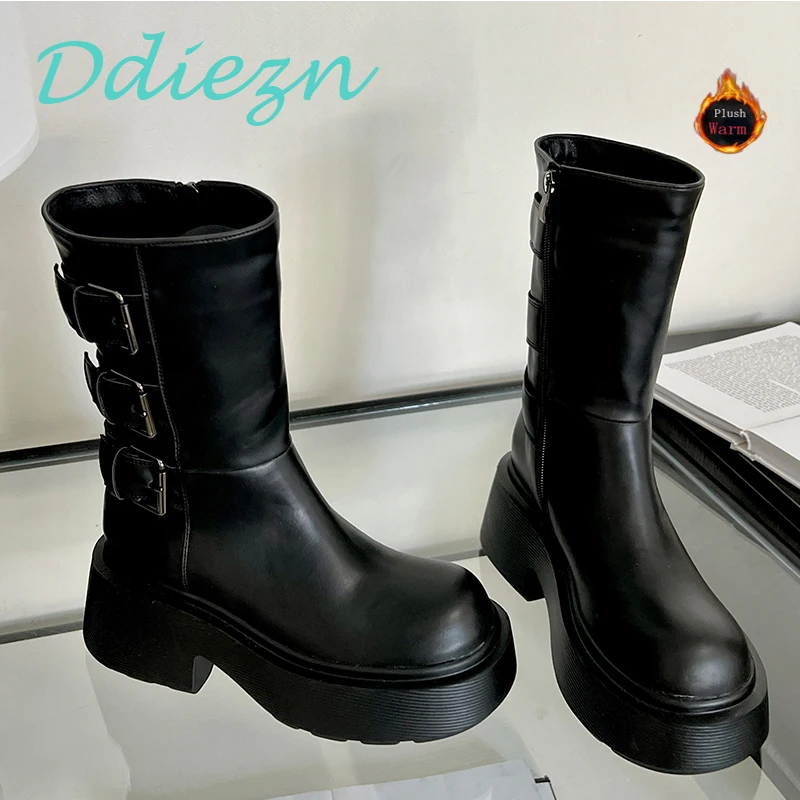 

Short Boots For Female Side Women Thick Heels Footwear Warm Fur Zipper Shoes Autumn Winter Fashion Buckle Ladies Western Boots