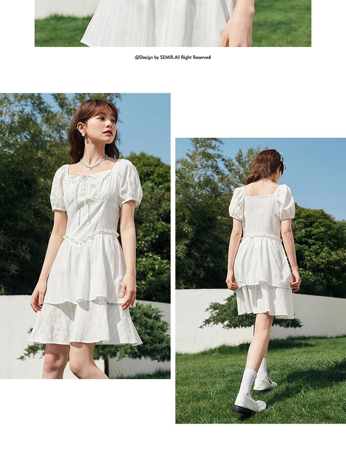 Vestido de mujer con diseño de orillo fibroso, nuevo vestido de verano retro de cuello cuadrado estilo palacio, vestido corto