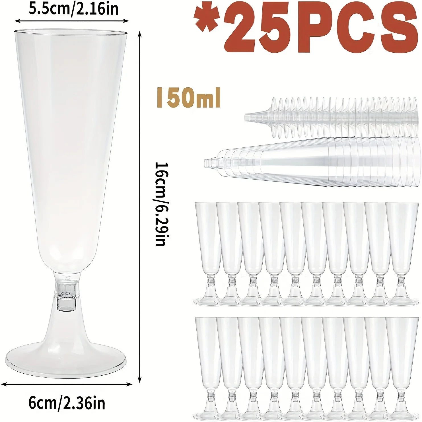 25pcs 150ml Safe Packing Plastic Champagne Flutes Disposable Sparkling Champagne Bar Cups Clear Toasting Glasses For Weddings