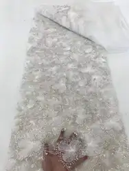 White Fashion Latest Africa Embroidered Tulle Net Fabric With Beads High Quality Luxury Sequins Net Lace Evening Party Dress
