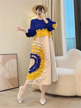 Miyake Tie Flower Design Women's Pleated Dress O-neck Long Sleeve Colorblock Patchwork Chic Beading Loose Famale Clothes 1
