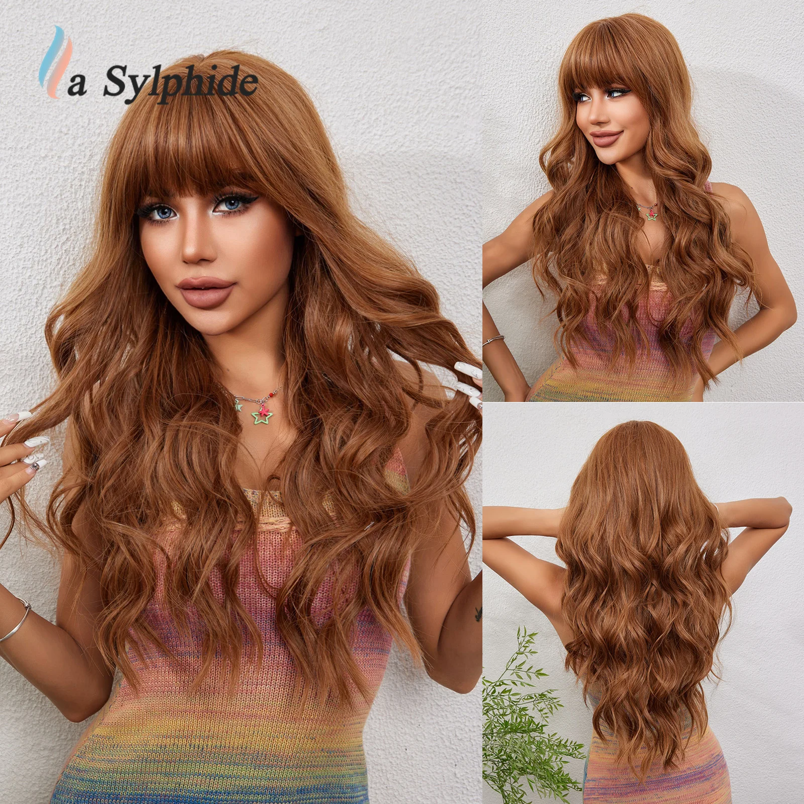 

La silphide длинные коричневые синтетические парики для женщин с эффектом омбре, светлый волнистый парик с челкой, косплей, ежедневные, стандартные, высокотемпературные волосы