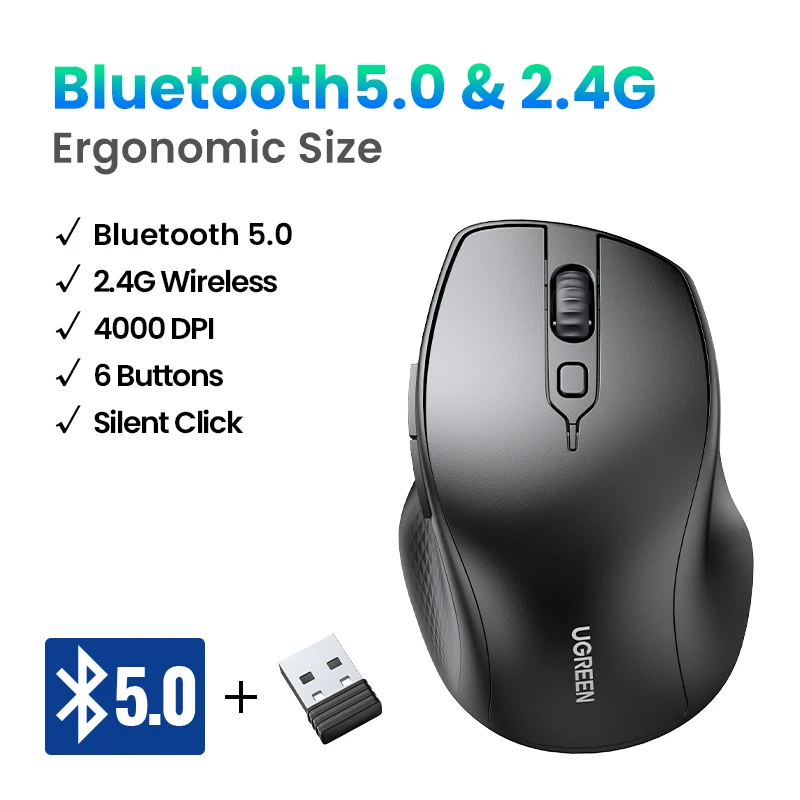 UGREEN Souris sans fil Bluetooth 5.0 Mouse Ergonomic 4000 dpi 6