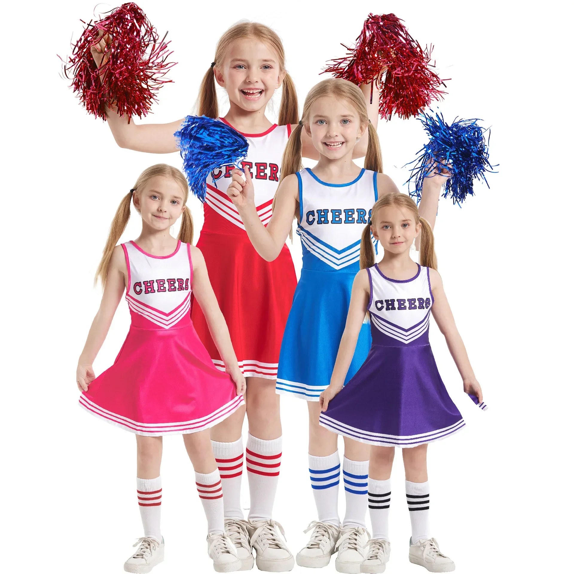 Cheerleading Uniform Long Sleeve Gymnastic Dance Dress with Pom Kindergarten Baby Girl Cheerleading