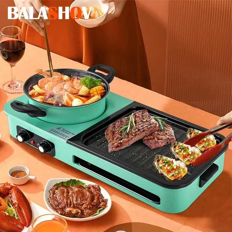 3 in 1 Korean Electric Baking Pan Soup Hot Pot Grill Plate Instant Kitchen Fondue Detachable Washable Non-Stick Baking Pan