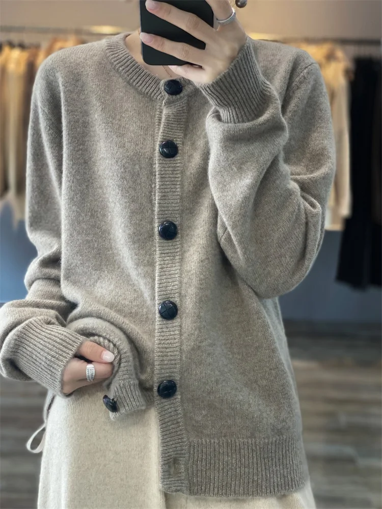 

Женский трикотажный кардиган с круглым вырезом, Однотонный свитер из 2024 мериносовой шерсти с длинными рукавами, корейская мода, Осень-Зима 100%