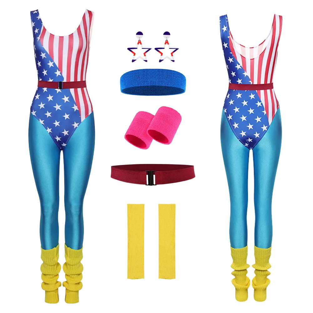 

Retro 80S 90S Cosplay Stage Performance Costume Women Jumpsuit Leggings Sportwear Headband Earings Belt Outfits Halloween Suit