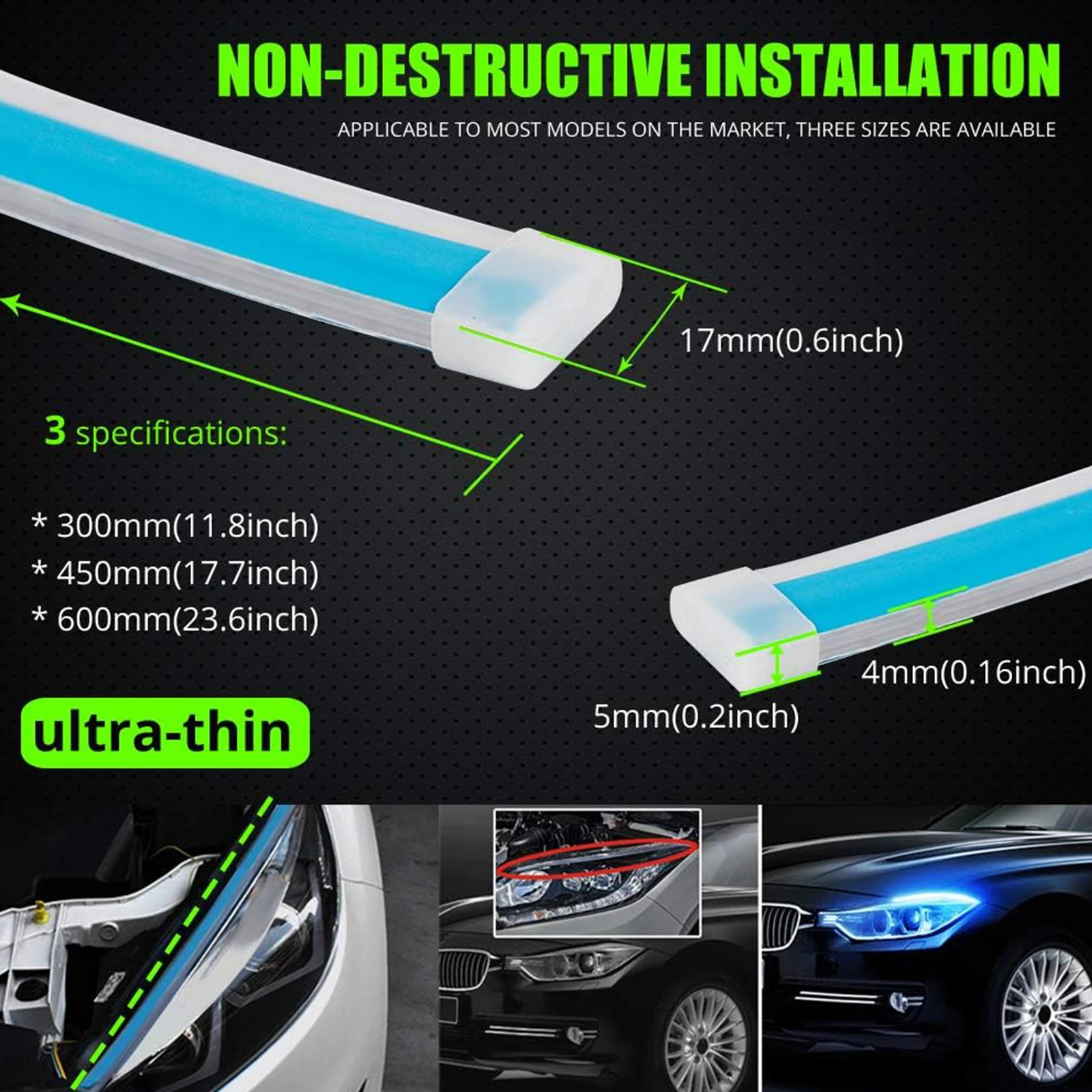  Qasim Tira LED secuencial, tira de luces LED flexibles de 12  pulgadas para coche, intermitente, intermitente, luz de circulación diurna  blanca/ámbar para retroadaptación de faros delanteros, 1 par : Automotriz