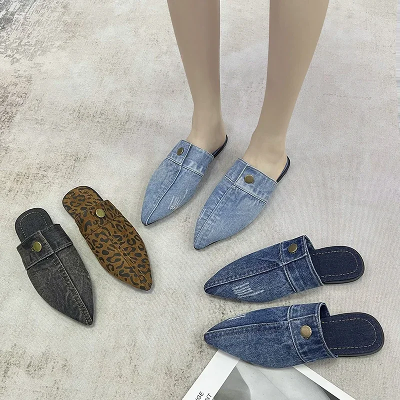 

2023 Blue Denim Slippers Pointed Toe Outdoor Slides Mules Slip on Flats Simple Women Shoes Zapatillas Mujer Indoor