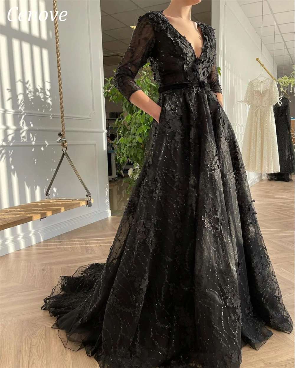 

Cenove V-Neck Embroidery Lace Wedding Gown Prom Black Belt Long Party New Formal Dresses for Women 2023 Bride