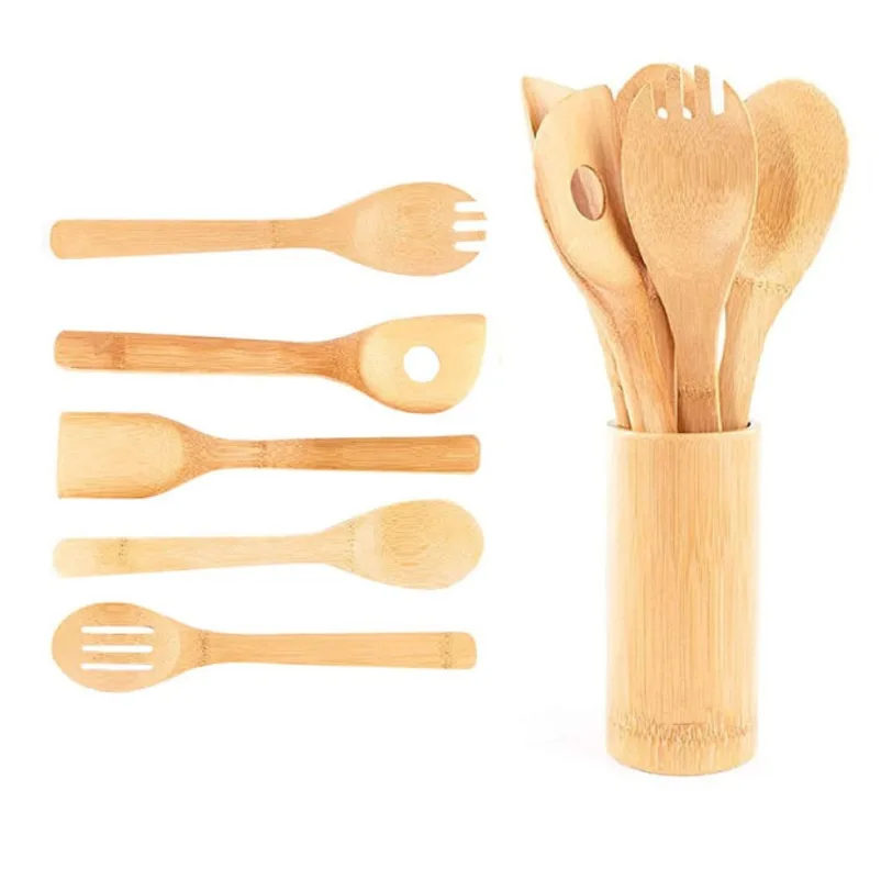 Bamboo Cooking Spoons Set, Non Stick Wooden Kitchen Gadget Pan Cookware, Baking Gift for Housewarming Wedding Birthday