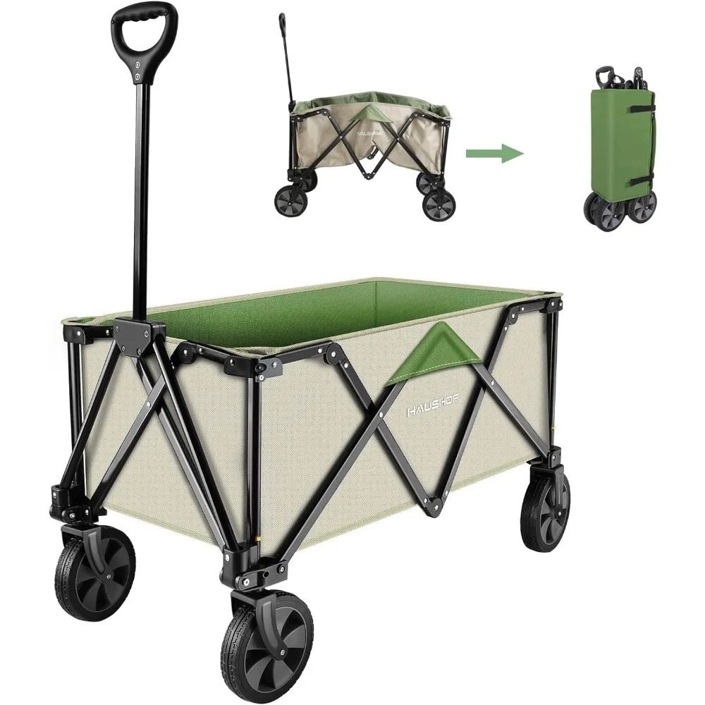 

HAUSHOF Heavy Duty Collapsible Wagon, Folding Outdoor Utility Wagon, Camping Garden Beach Cart with Universal Quick Release