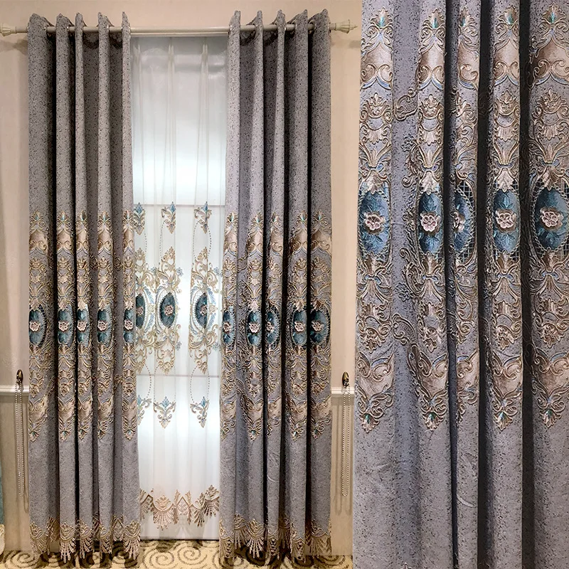 

Шенильные занавески в Европейском стиле, тканевые занавески с вышивкой, для спальни, гостиной, с высоким затенением, сине-серые