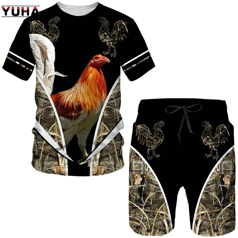 YUHA,3D Printed Animal Cock Tracksuit Sets。Cool King Rooster Hunting Camo Men's T-shirt+Shorts Suit Summer Casual O-neck Tops Fa
