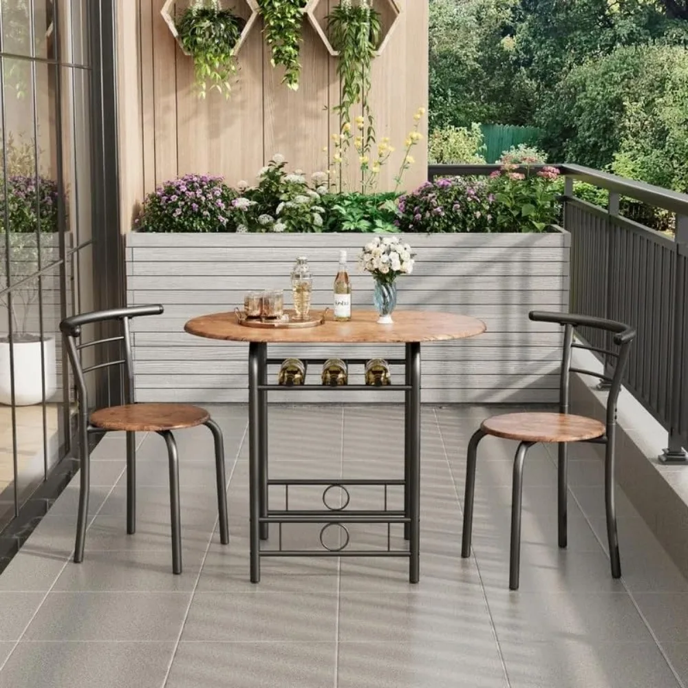3-Piece Wooden Dining Table Set Kitchen Breakfast Nook Sets with 2 Chairs & Round Tabletop Space Saving Furniture Metal Frame