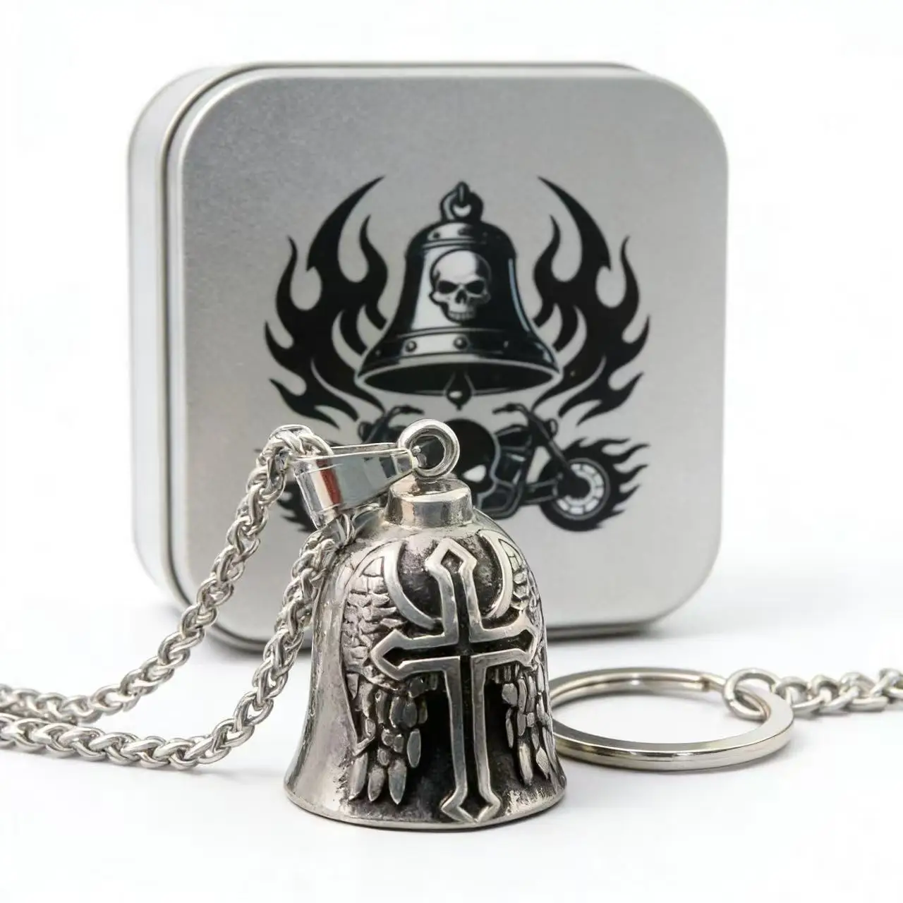 Punk 316L Edelstahl Schutzglocken-Halskette Anhänger für Männer Biker-Glocke Gremlin Glücksbringer Motorradfahrer-Accessoires Geschenkbox