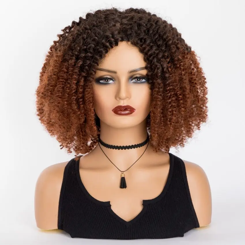 Wigera Korte Ombre Haar Afro Kinky Krullende Pruik Voor Zwarte Vrouwen Dames Synthetisch Lijmloze Zwart Bruin Pruiken Cosplay Dagelijks Gebruik