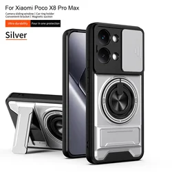 Magnetic Stand Slide Camera Protector Shockproof Armor Hard Case for Xiaomi Poco X7Pro (Silver)