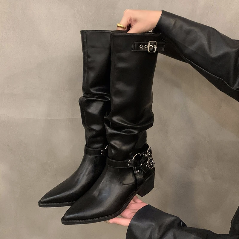 

Winter Western Cowboy Boots Women Fashion Slip On Long Boots Female Elegant Square Heel Women's Knight Botties
