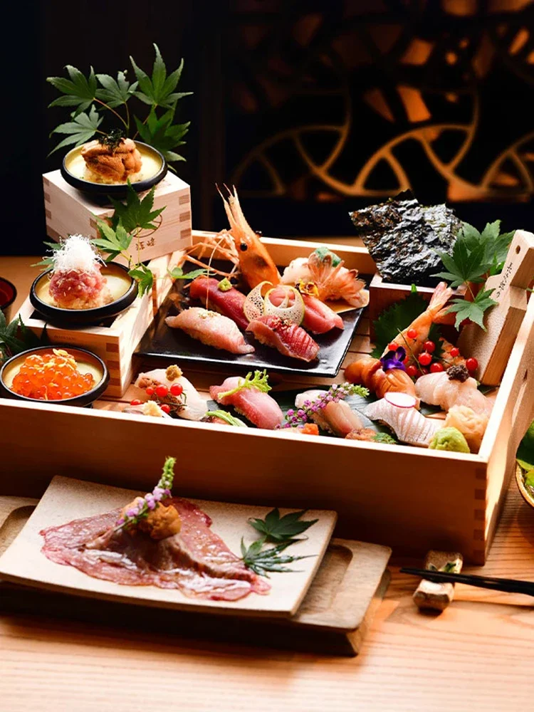 

Salmon Sashimi Display Box, Roasted Bird Preservation Box, Japanese Style Cooking Board, Front Beef Plate, Wooden Shouxi