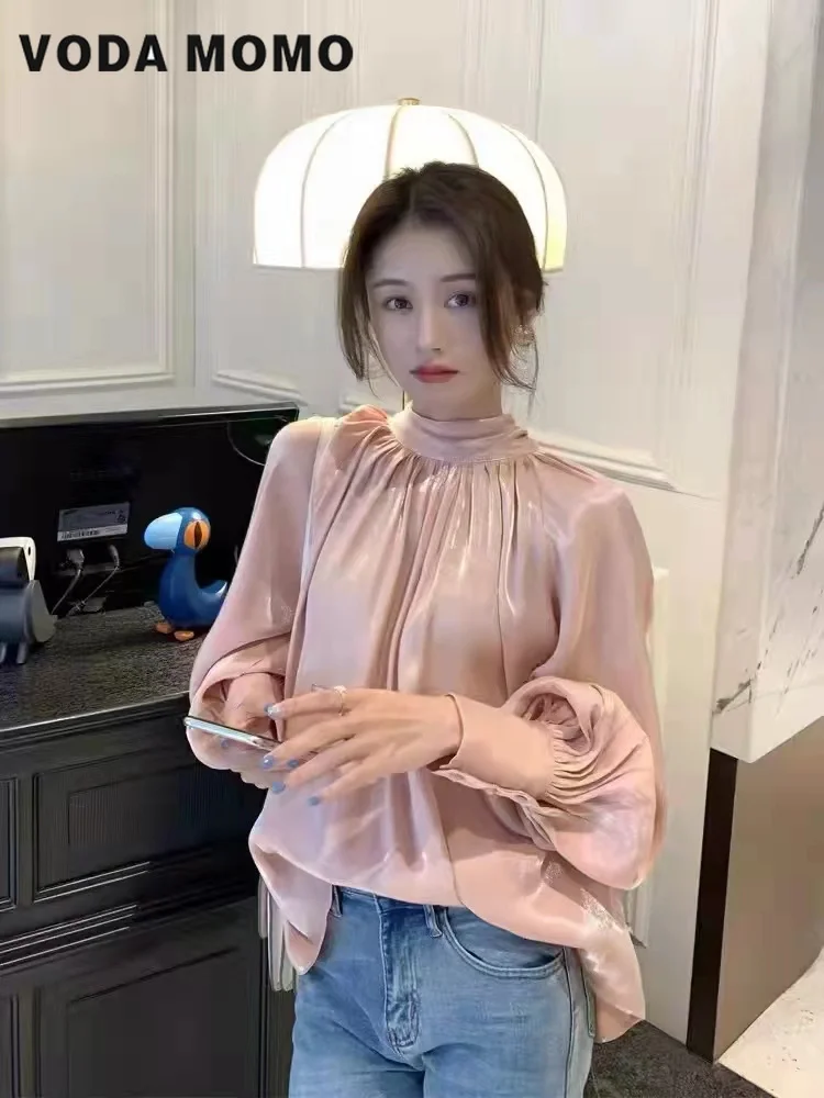 Spring Summer Women Fashion Blouse Elegant Turn Down Collar Female Blouse Long Sleeve Shirts Tops Gentle Wind Satin Silk Shirt