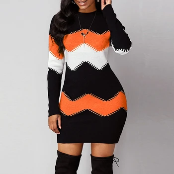 Fashion Knitted Multi-color Mini Dress Spring Autumn Wave Striped Long Sleeve Party Dresses Elegant Ladies Bodycon Vestidos