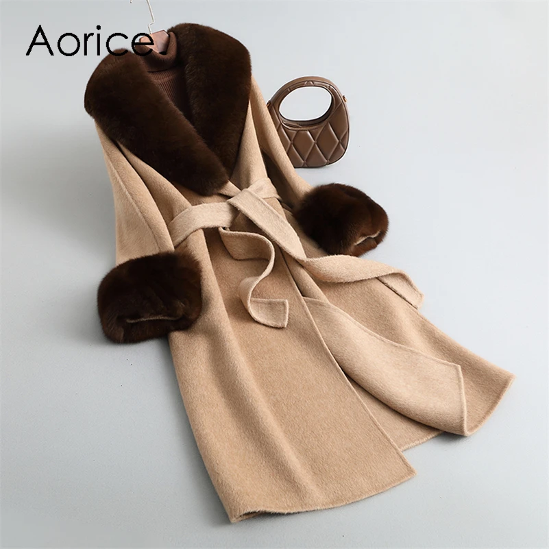 

Aorice Women Luxury Winter Wool Fur Coat Jacket Femal Fox Fur Collar Coats Lady Long Over Size Parka Trench CT21116