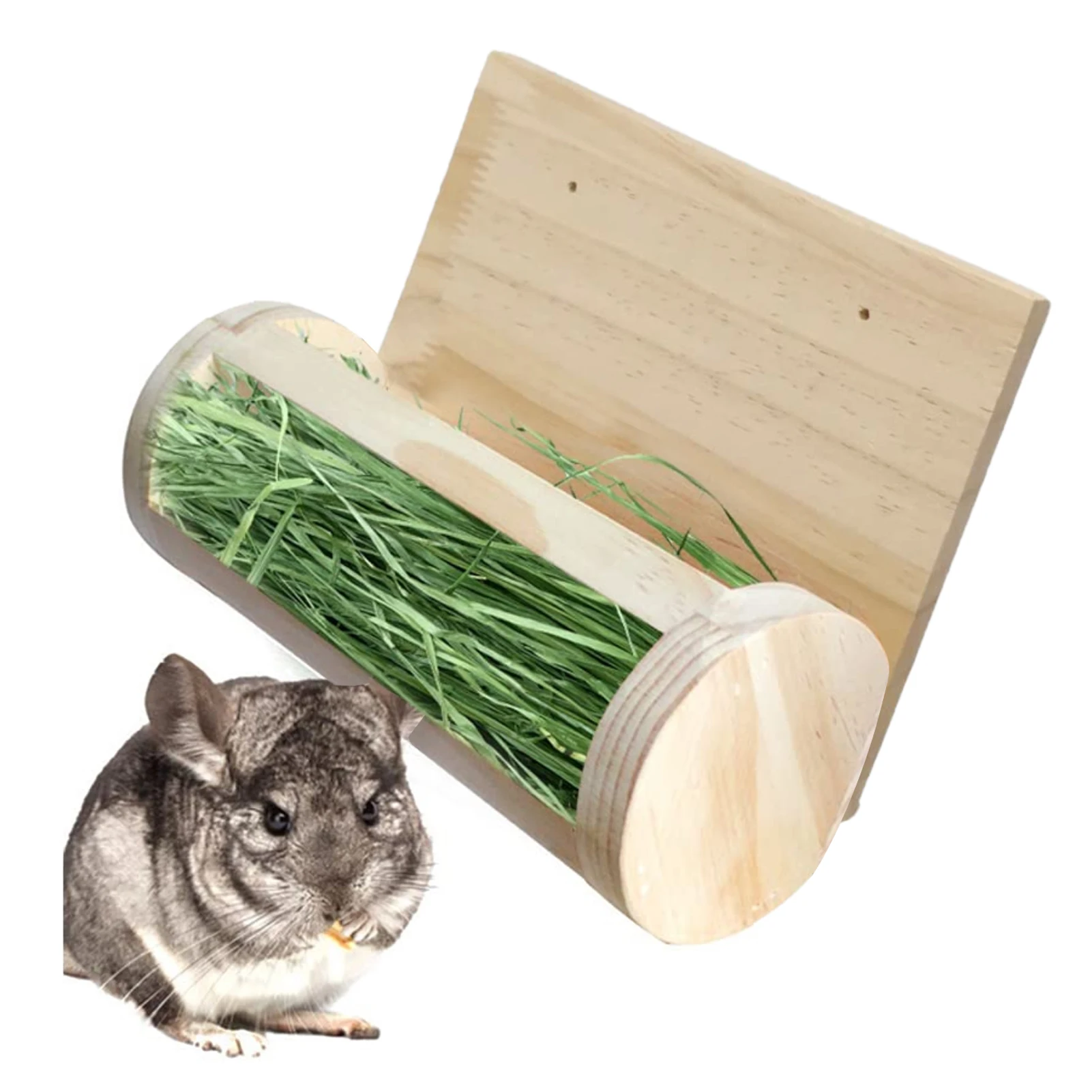 Hamiledyi Rabbit Hay Feeder Wooden Manger Grass Holder Cylindrical Guinea Pig Stand Feeding with Cover for Small Pets Bunny Chinchilla Hamster 