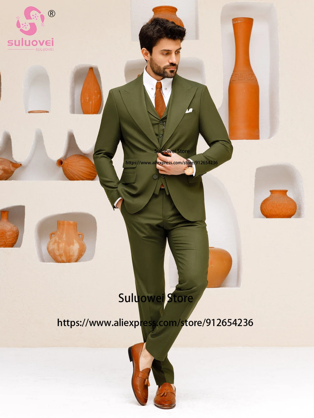 Fashion Wedding Suits For Men Slim Fit 3 piece Pants Set Groom Party Prom Peaked Lapel Tuxedo Blazer Trajes Elegante Para Hombre