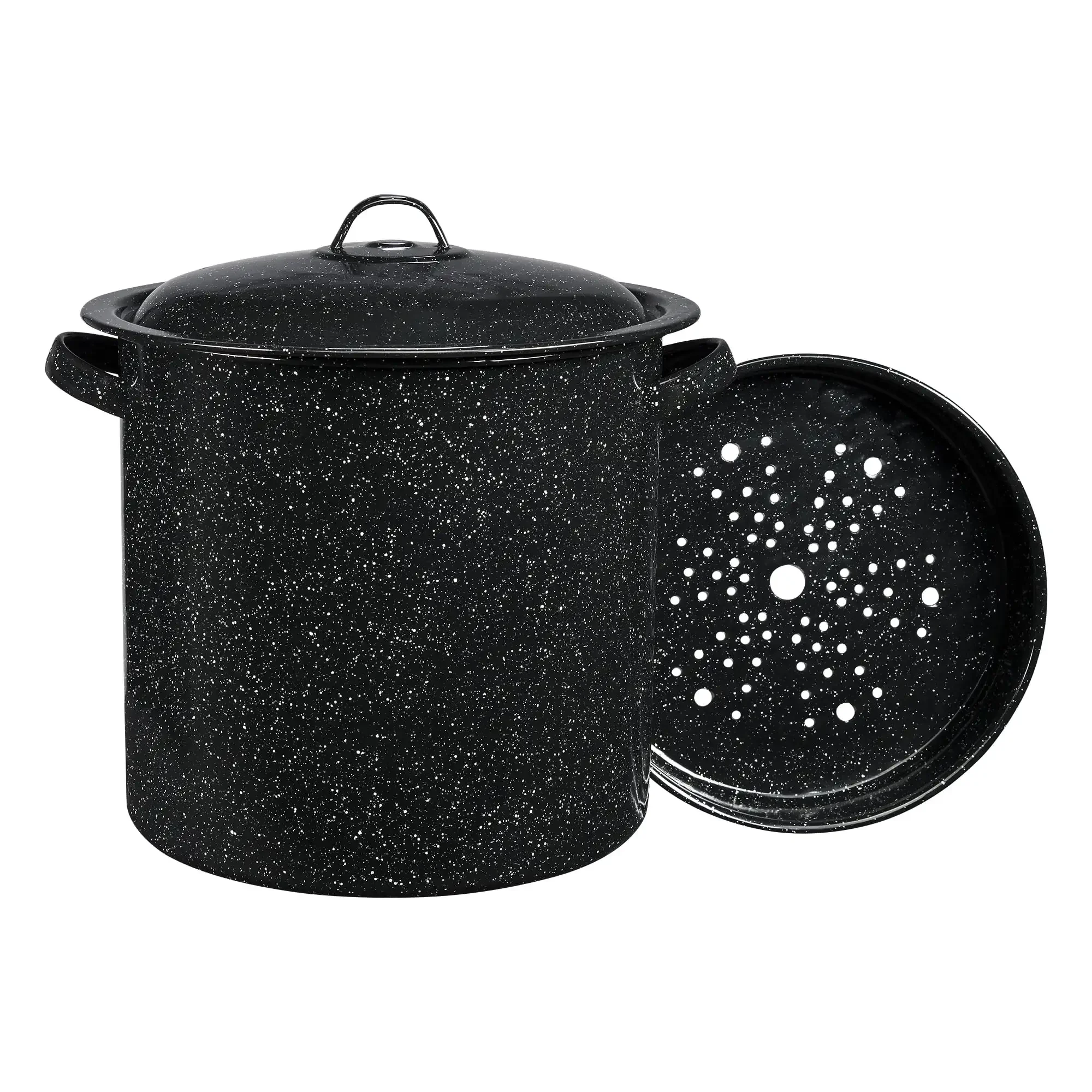 

Enamel on Steel Multiuse Pot, Seafood / Tamale / Stock Pot includes steamer insert, 15.5-Quart, Black