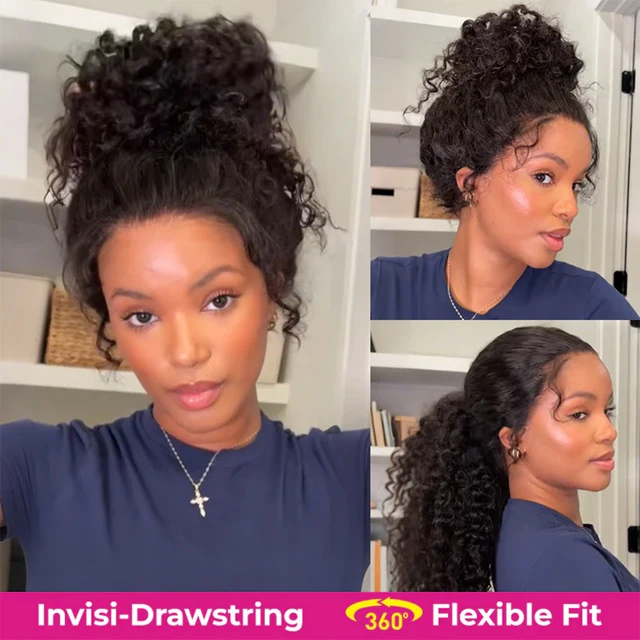Perruque Cheveux Humains Bouclés Kinky avec Sangle Invisible, Perruques Lace Front HD 360 Complètes, Ajustement Confortable avec Cordon de Serrage, Perruques Ondulées Effet Mouillé Sans Colle 250% 1
