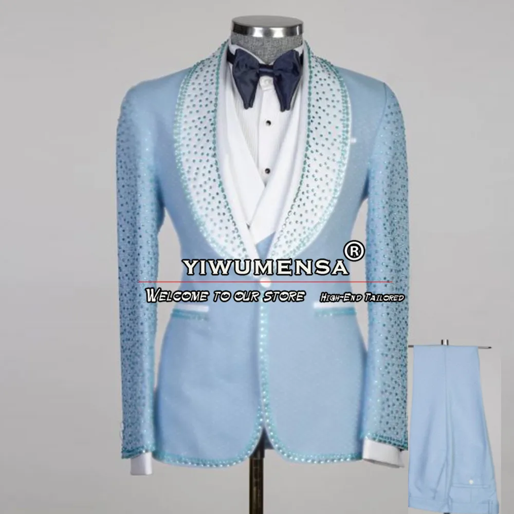 

Индивидуальные свадебные костюмы для мужчин, облегающий белый блейзер с отворотами, кристаллами, камнями и бусинами для выпускного вечера, деловой блейзер из 3 предметов