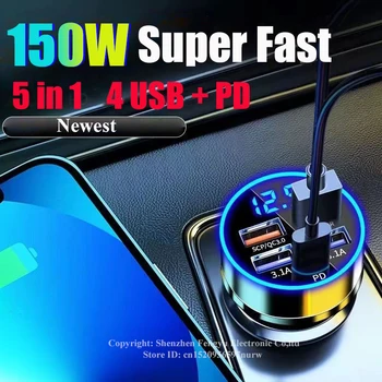Caricabatteria da auto USB tipo C 150W adattatore di ricarica rapida PD a 5 porte per iPhone 13 Pro Max 14 Plus 12 11 Samsung Huawei Xiaomi Oneplus