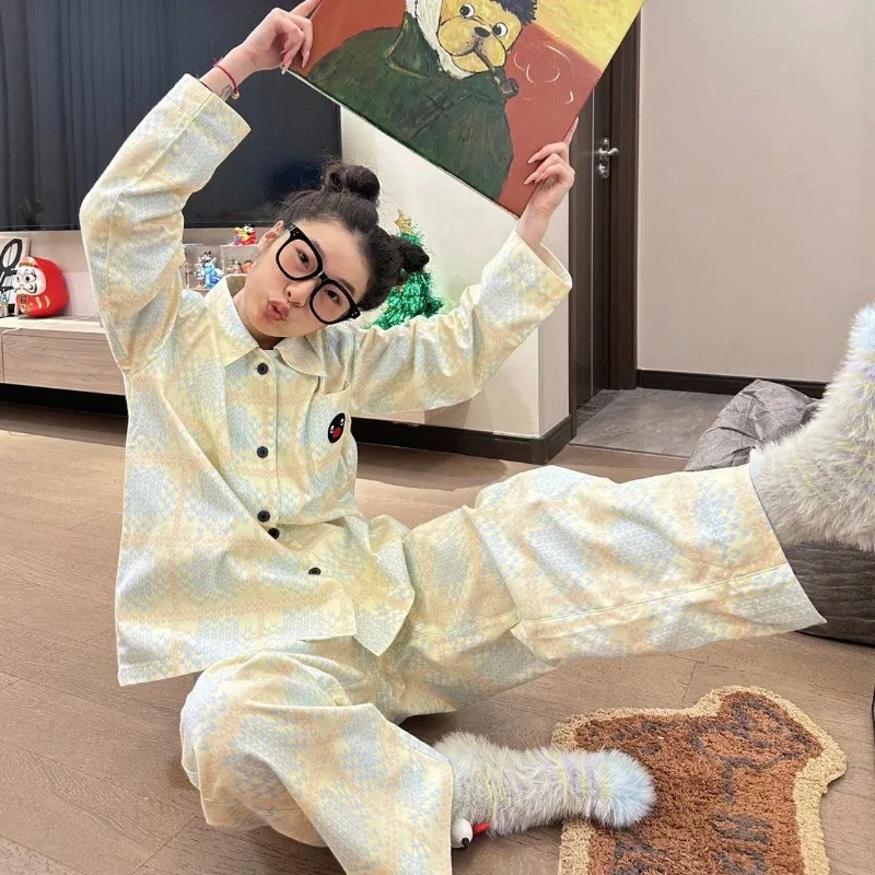 Korean Version Printed Pajamas Women Spring Long Sleeve Pyjamas 2024 New Relaxed Leisure Home Wear Set Plaid Lapel Nightdress