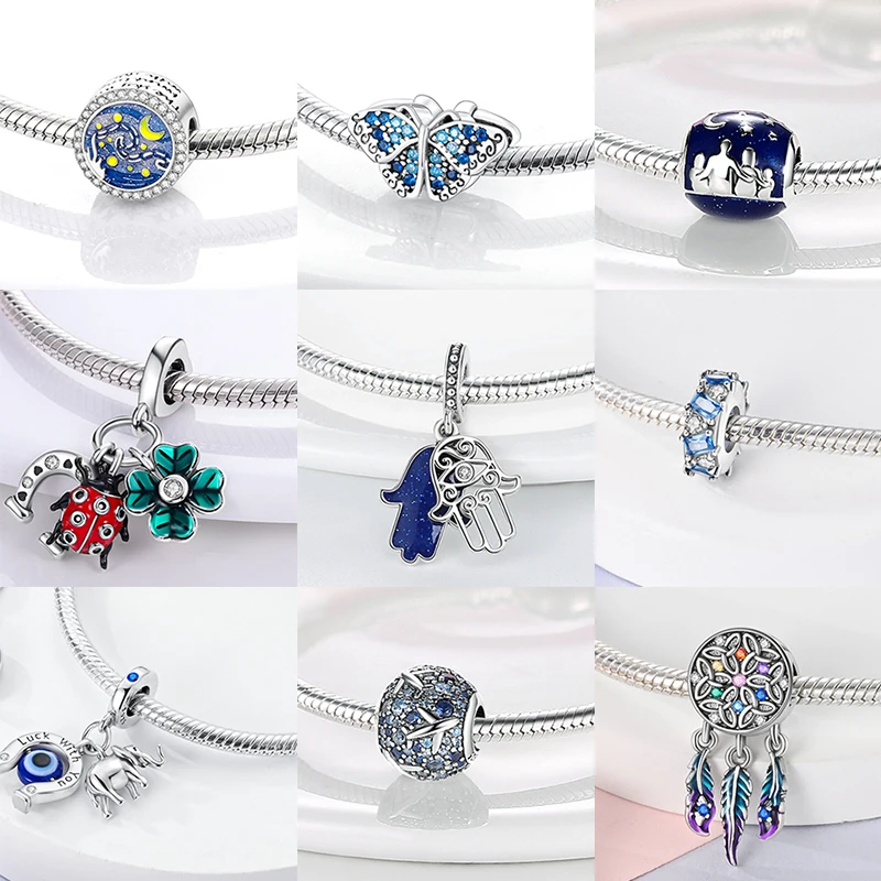MULA  블루 여행 비행기 매력 펜던트 비즈 여성을위한 원래 925 팬 팔찌 쥬얼리에 맞게 DIY 선물