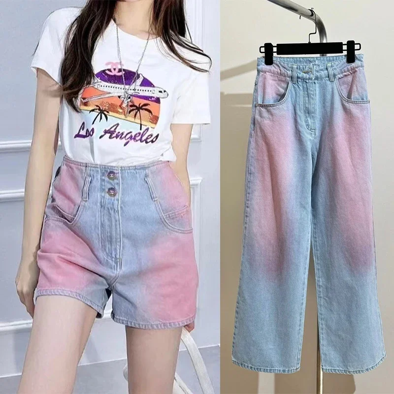 

2024 Fashion Show Gradient Rouge Jeans Women Luxury Designer High Waisted Wide Leg Jeans Female Casual Trendy Commuting Pants