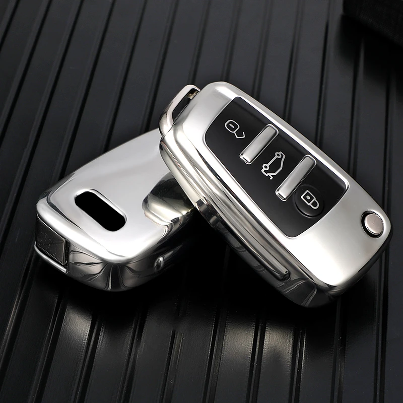 Coque De Protection TPU Chromée Pour Clé De Voiture - Modèle 3 Boutons - Couleur Chrome Argenté - Compatible VW, Seat, Skoda