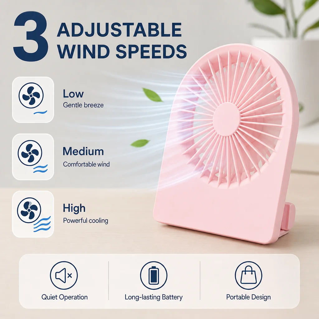 Compact USB Rechargeable Desk Fan with Cellphone Holder – 3-Speed, Low Noise, Portable Air Cooler