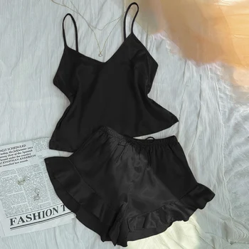طقم بيجامة نسائية من الساتان الصلب ، توب كامي برقبة على شكل حرف V ، شورت بكشكشة ، ملابس نوم ، ملابس نوم 5