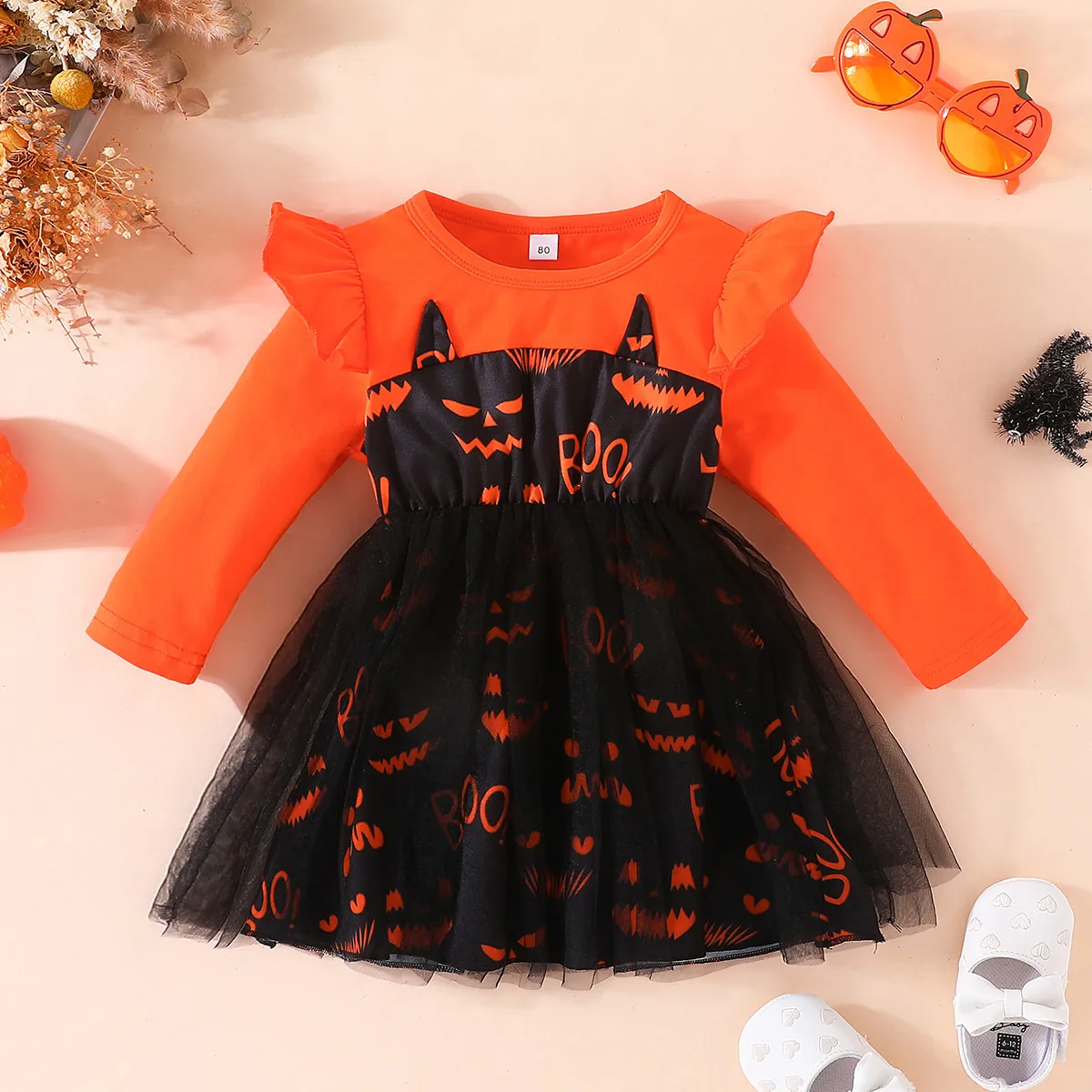 

New Spring Autumn Halloween Girls Dress Full Print Cartoon Pumpkin Pattern Bow Mesh Dress For Toddler Kids Children Present