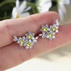 Luxury Crystal Yellow Flower Stud Earrings Multicolor Zircon Round Stone Charm Silver Color Wedding Jewelry For Women