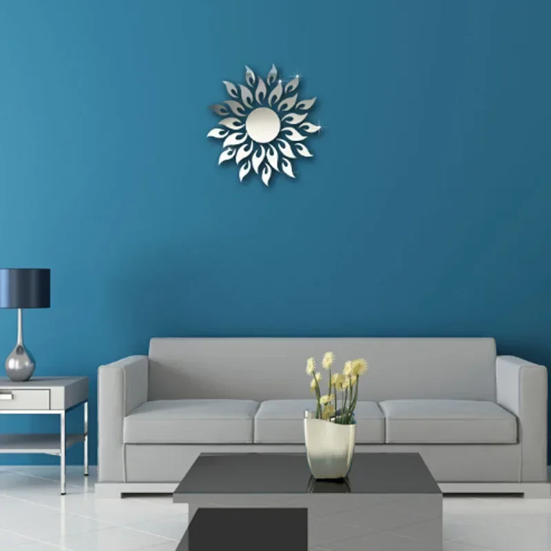 Gold Sun Flower Mirror Wall Sticker Adhesive DIY Wall Decor Decal Stickers Art Mural Wallpaper Living Room Decoration Home Decor