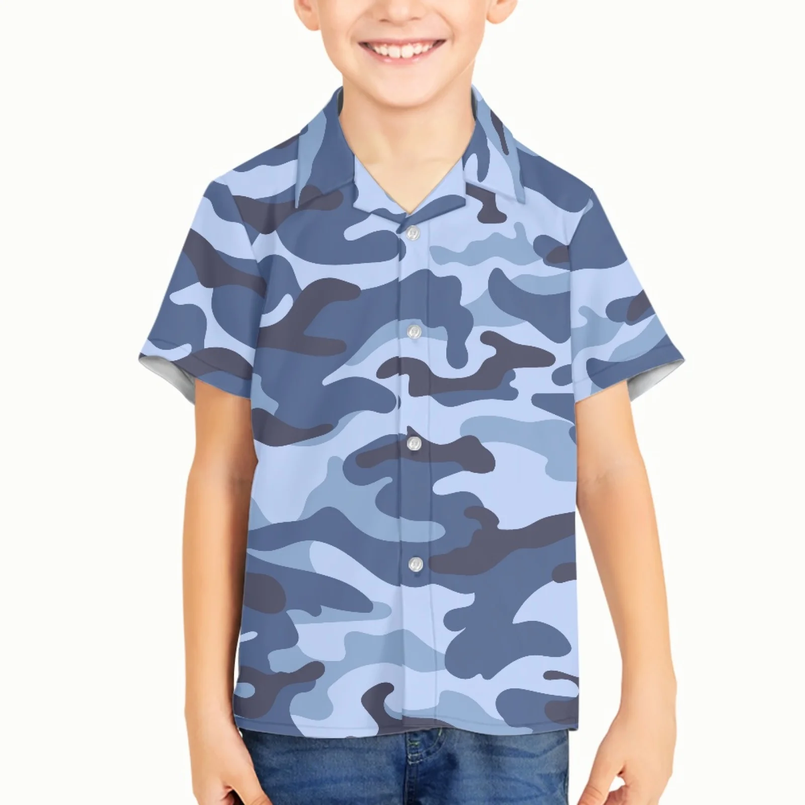 

Детские Летние Гавайские рубашки с камуфляжным рисунком для мальчиков, повседневные свободные пляжные футболки с коротким рукавом и пуговицами
