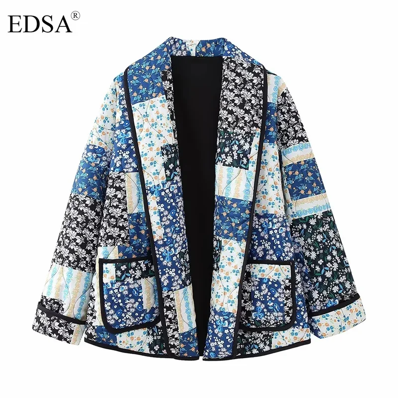 

EDSA Women Elegant New Blue Printed Open Stitch Cotton Padded Coat Long Sleeve Warm for Autumn Winter Oversized Female Outerwear