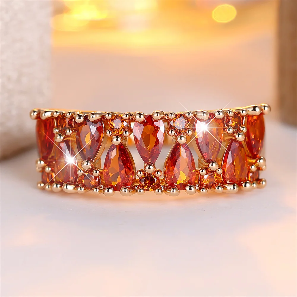 Red Zircon Pear Cut Stone Water Drop Rings For Women Vintage Gold Color Engagement Ring Wedding Jewelry Bridal Birthday Gifts