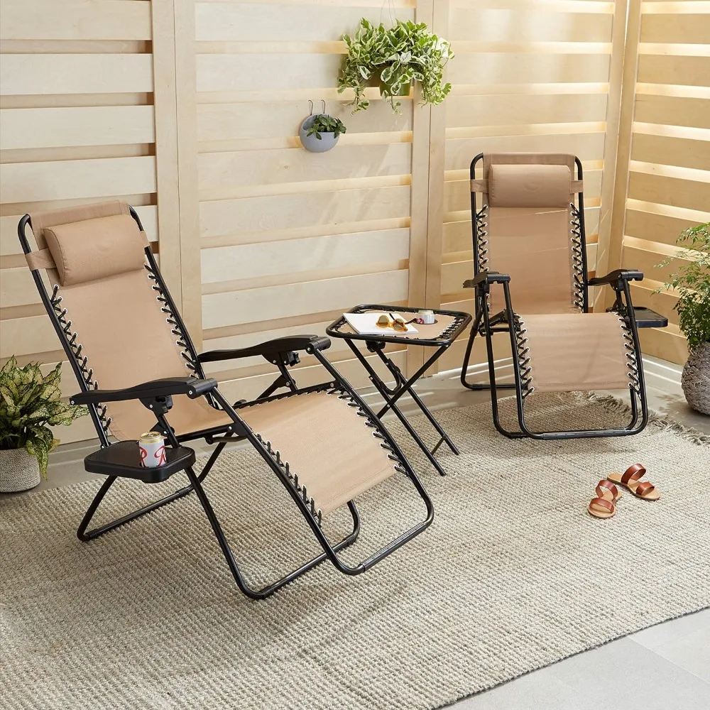 

Zero Gravity Chair with Side Table, Set of 2, Relaxing, Cup Holders,Arm Rest,Foldable, Alloy Steel, Beige